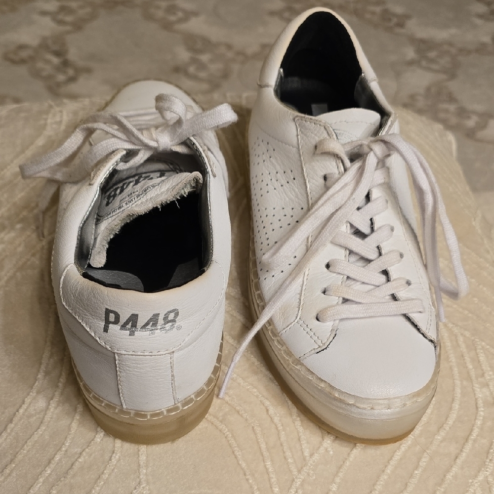 P448 White Leather Sneakers Transparent Soles EUC